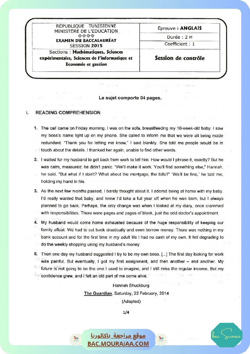 Sujet controle anglais Bac 2015 – Section science